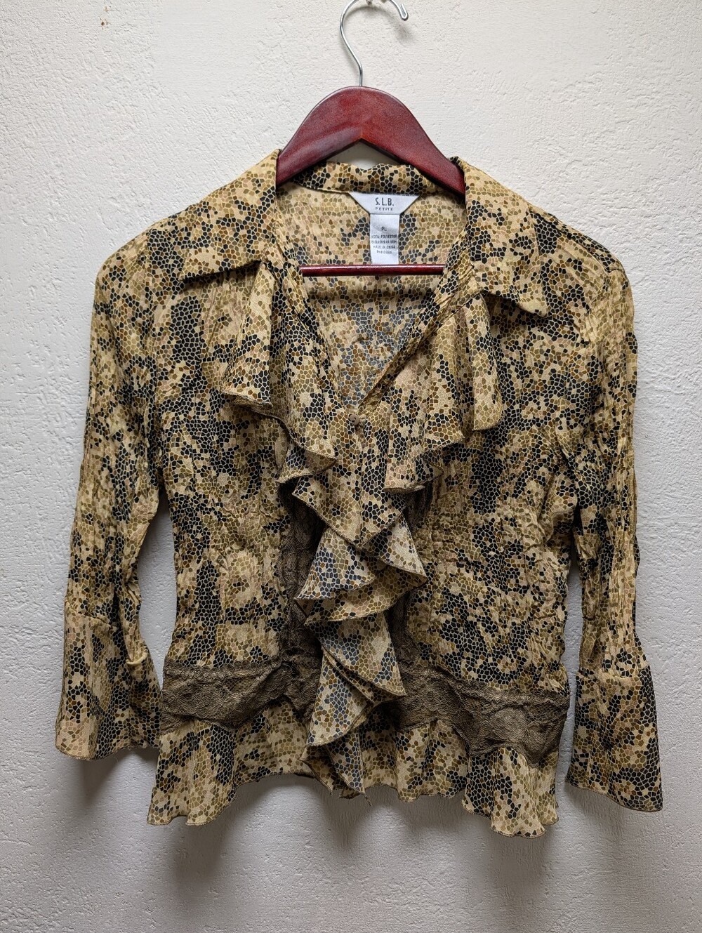 VTG Y2K SLB Sunny Leigh Sheer Ruffle Blouse Earthy Mosaic Animal Snake Print PL